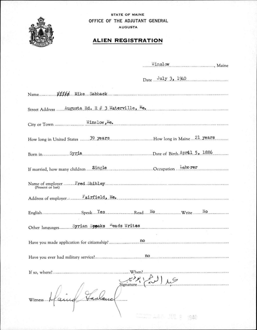Miniature of Alien Registration- Sabback, Mike (Winslow, Kennebec County)