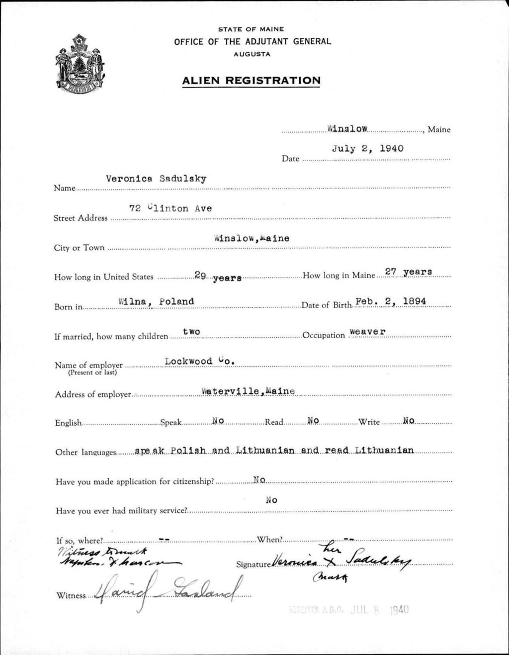 Miniature of Alien Registration- Sadulsky, Vernonica (Winslow, Kennebec County)