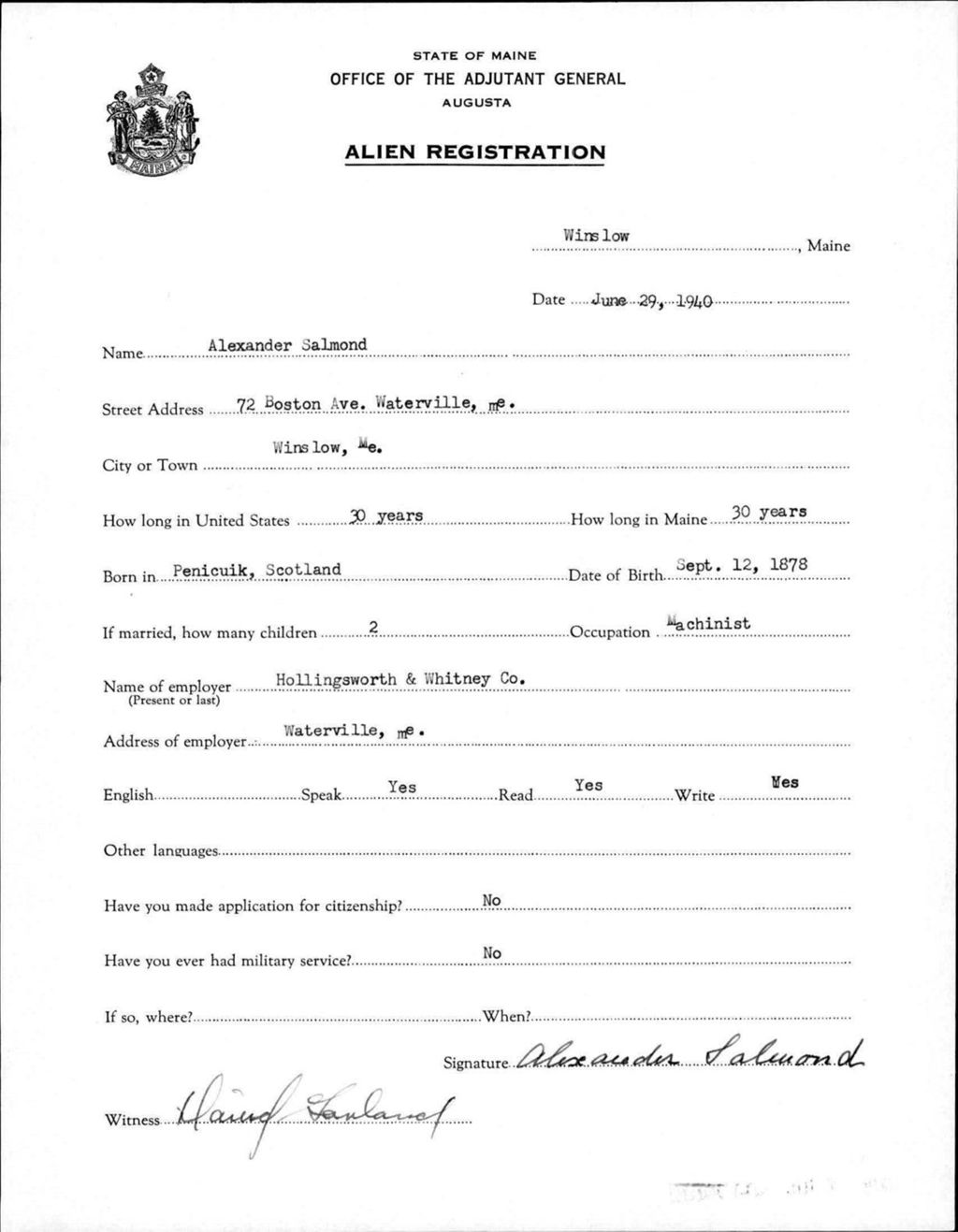 Miniature of Alien Registration- Salmond, Alexander (Winslow, Kennebec County)