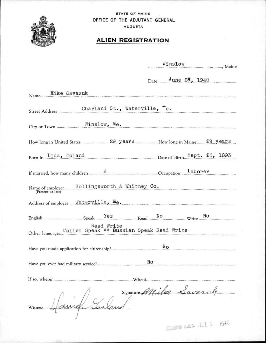 Miniature of Alien Registration- Savasuk, Mike (Winslow, Kennebec County)