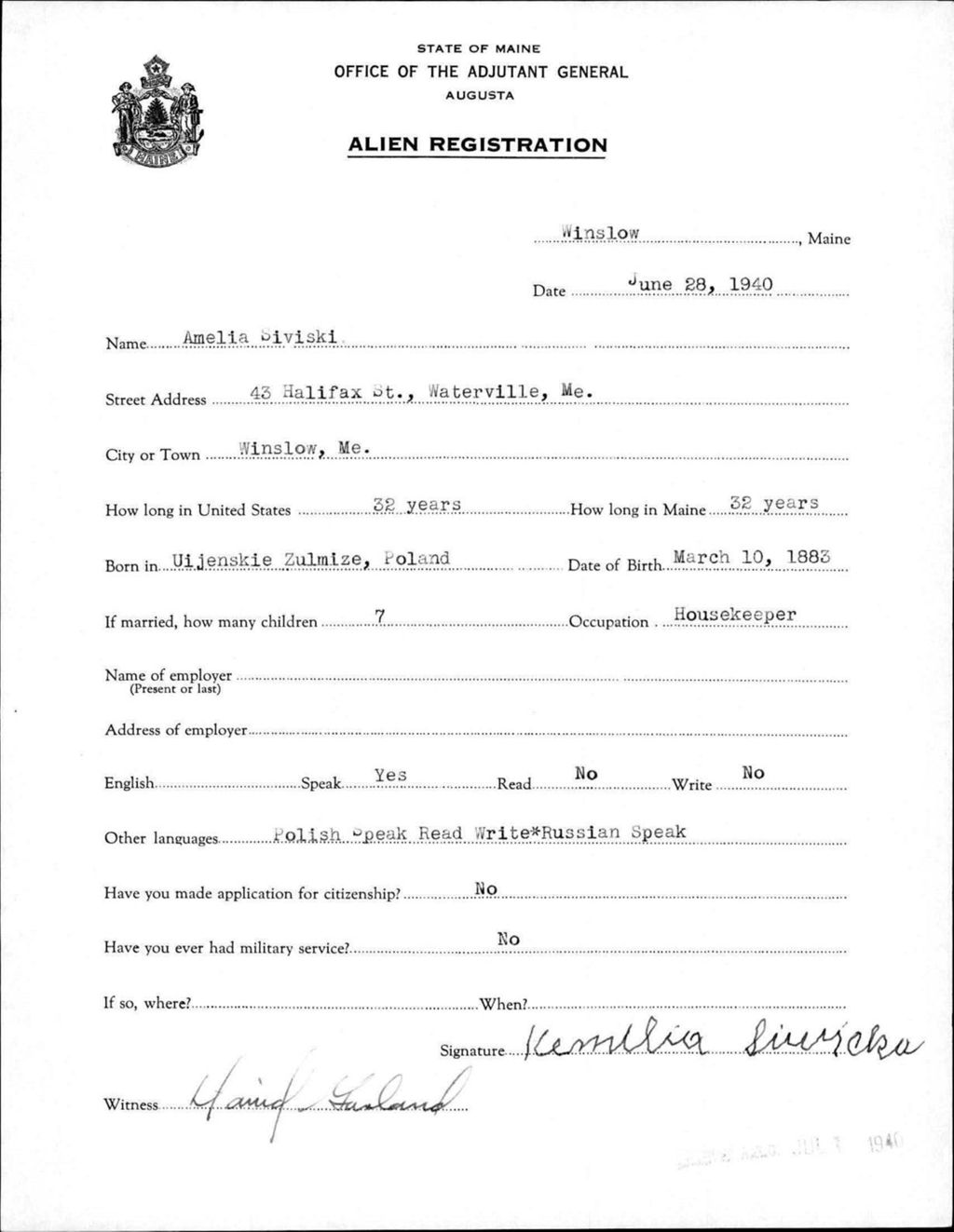 Miniature of Alien Registration- Siviski, Amelia (Winslow, Kennebec County)