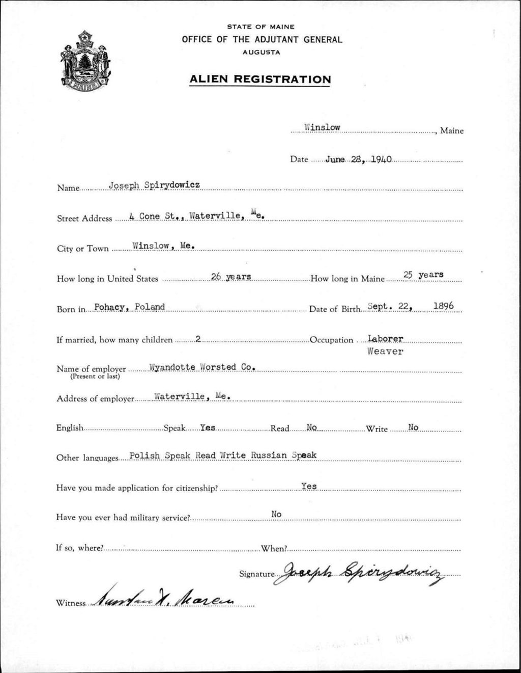 Miniature of Alien Registration- Spirydowicz, Joseph (Winslow, Kennebec County)