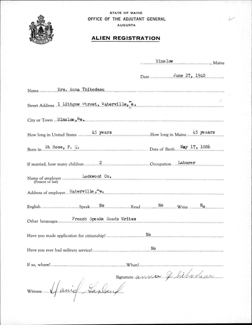 Miniature of Alien Registration- Thibodeau, Anna (Winslow, Kennebec County)