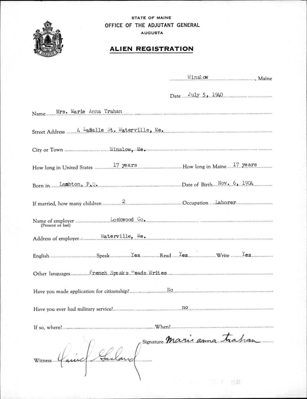 Miniature of Alien Registration- Trahan, Marie A. (Winslow, Kennebec County)