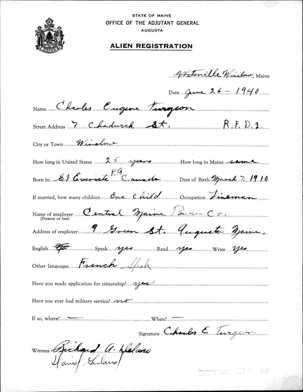 Miniature of Alien Registration- Turgeon, Charles E. (Winslow, Kennebec County)