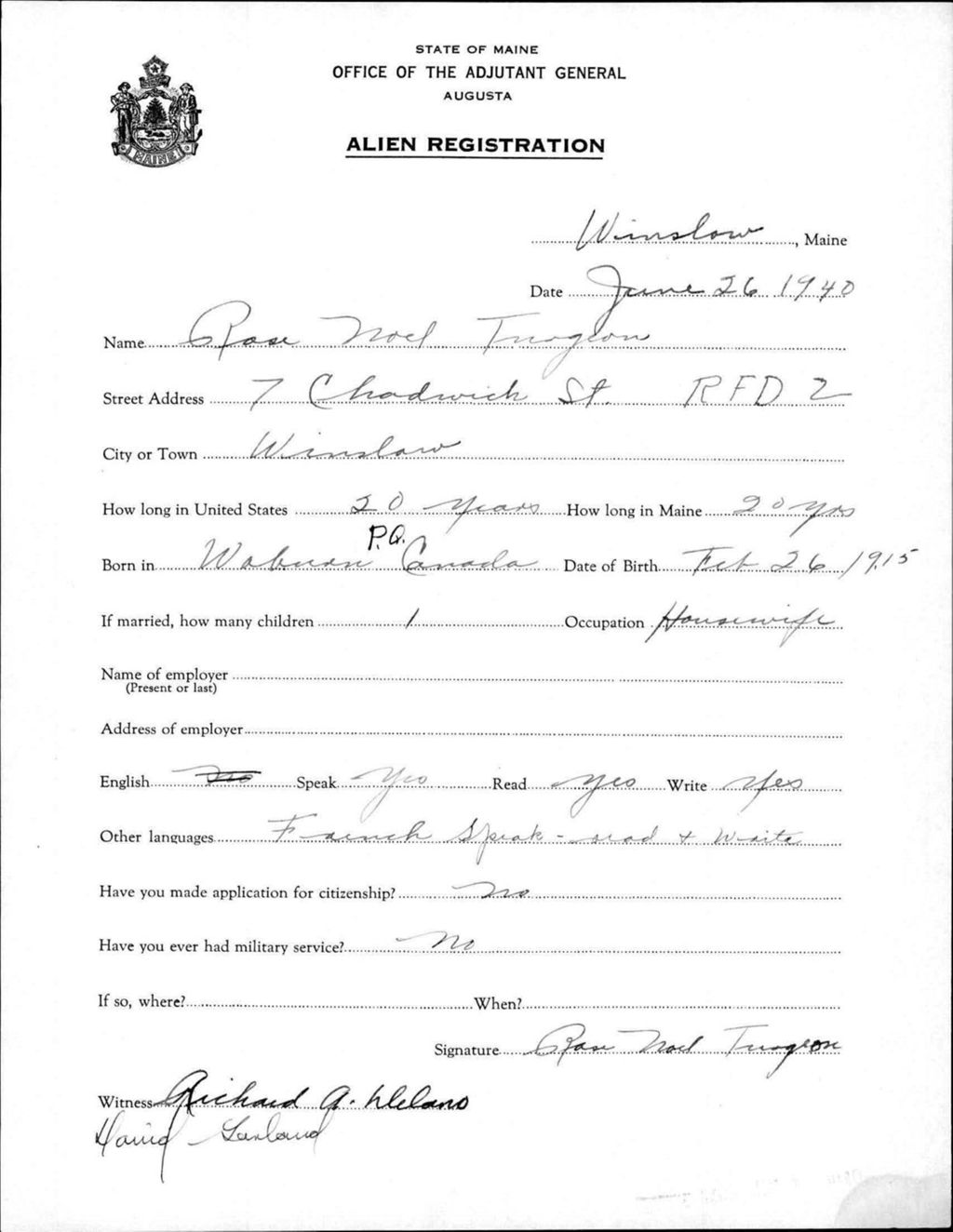 Miniature of Alien Registration- Turgeon, Rose N. (Winslow, Kennebec County)