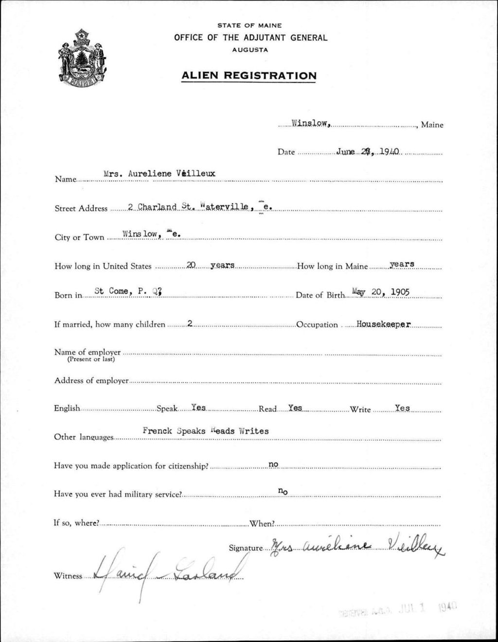 Miniature of Alien Registration- Veilleux, Aureliene (Winslow, Kennebec County)