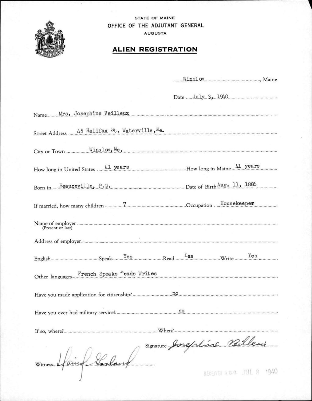 Miniature of Alien Registration- Veilleux, Josephine (Winslow, Kennebec County)