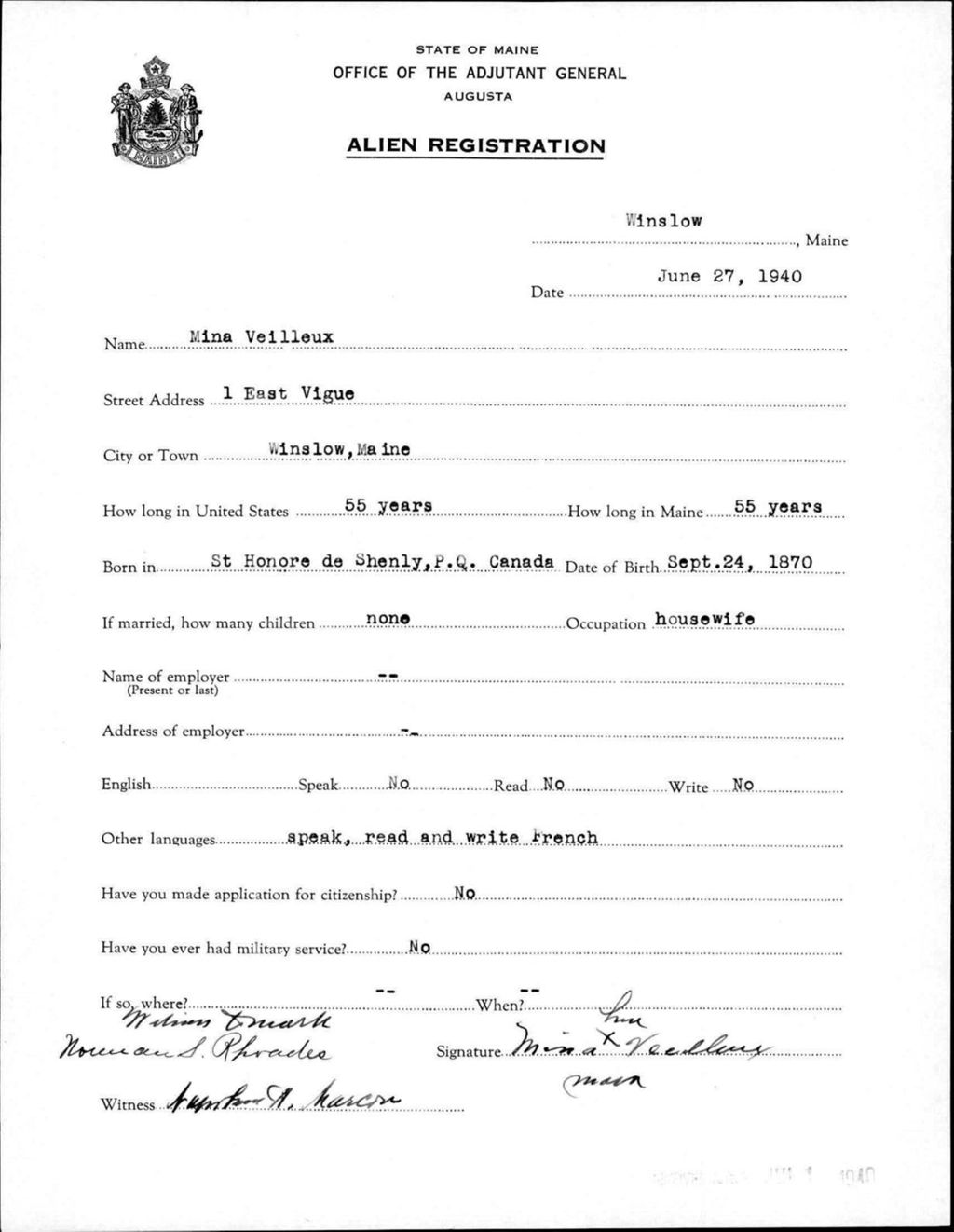 Miniature of Alien Registration- Veilleux, Mina (Winslow, Kennebec County)