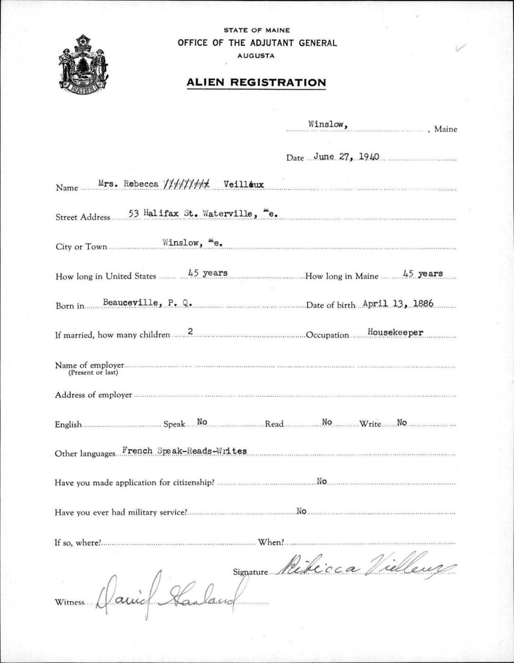 Miniature of Alien Registration- Veilleux, Rebecca (Winslow, Kennebec County)