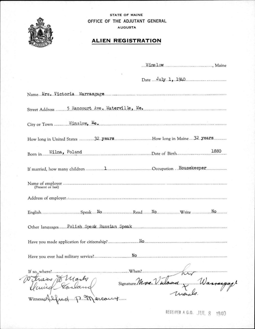 Miniature of Alien Registration- Warrasgage, Victoria (Winslow, Kennebec County)