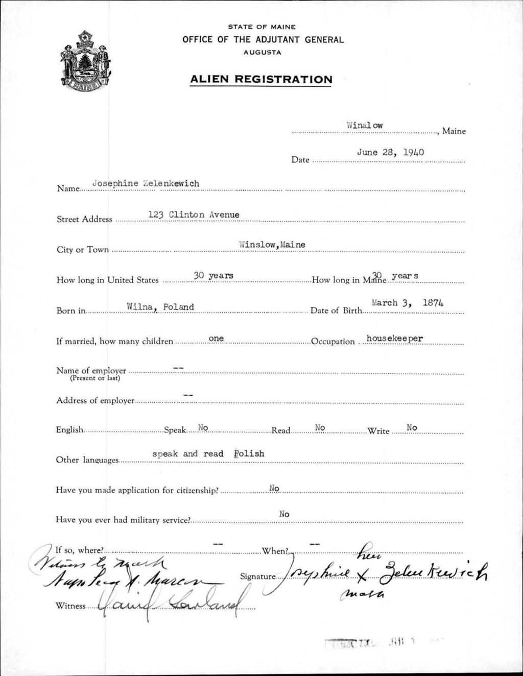 Miniature of Alien Registration- Zelenkewich, Josephine (Winslow, Kennebec County)