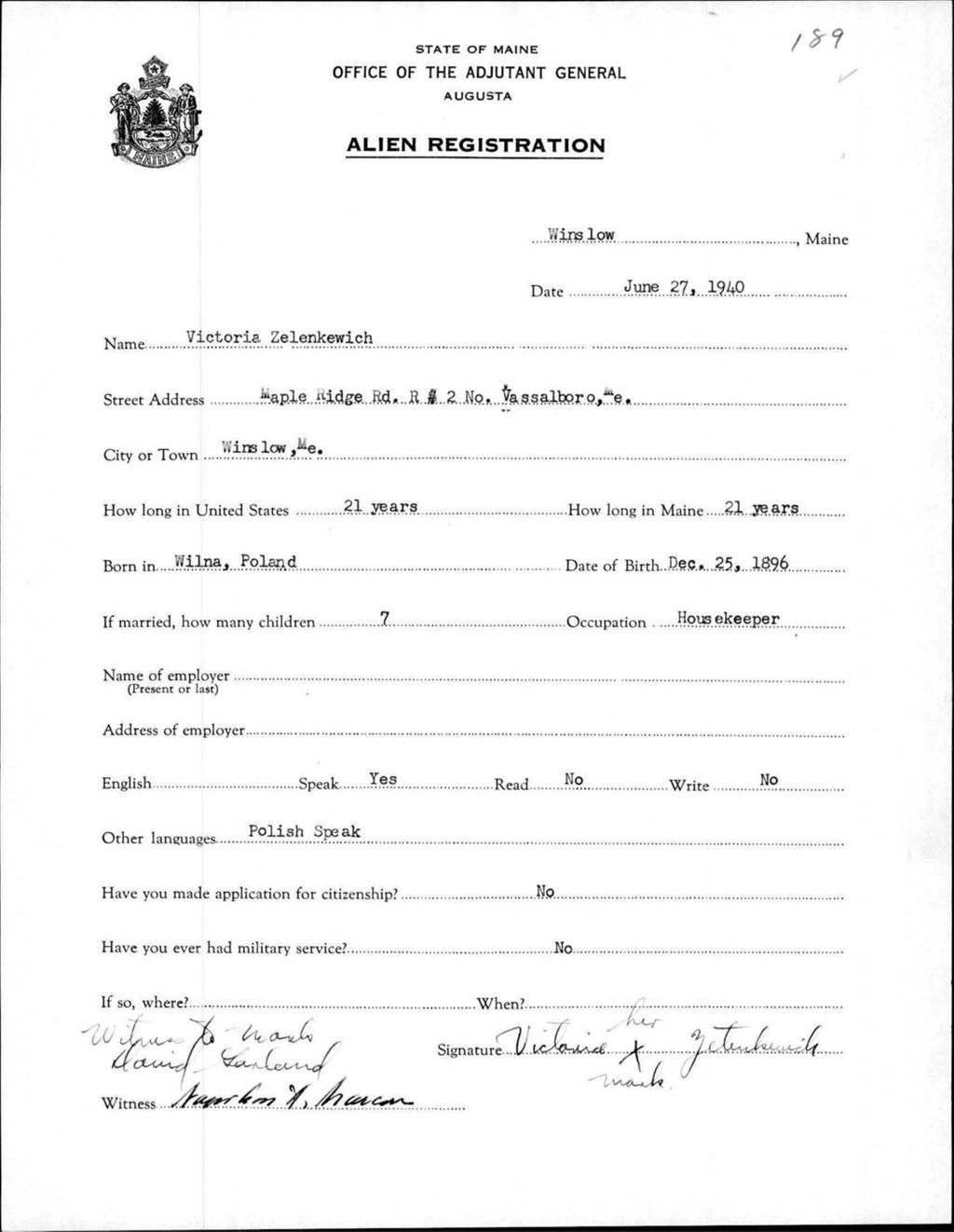 Miniature of Alien Registration- Zelenkewich, Victoria (Winslow, Kennebec County)