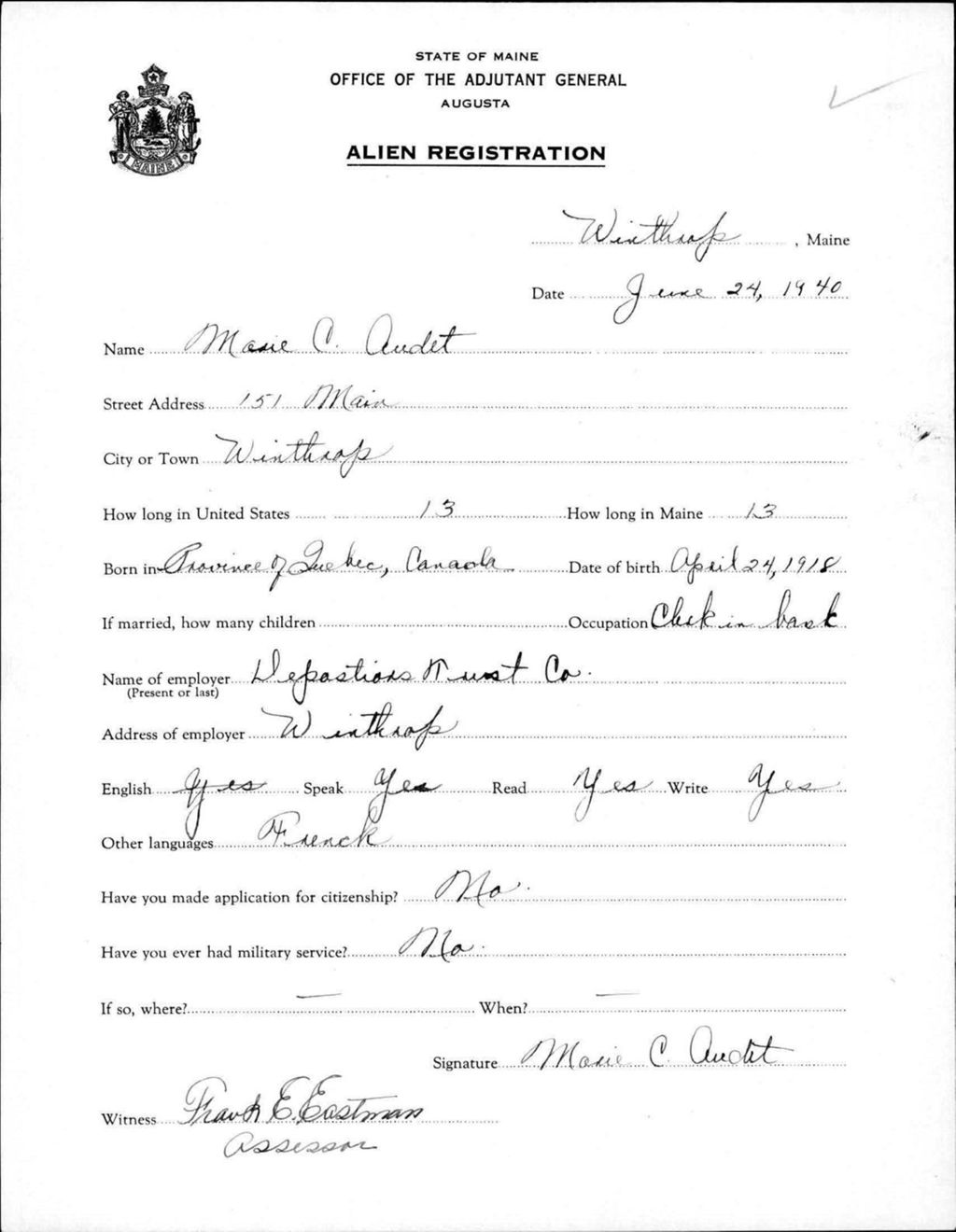 Miniature of Alien Registration- Audet, Marie C. (Winthrop, Kennebec County)