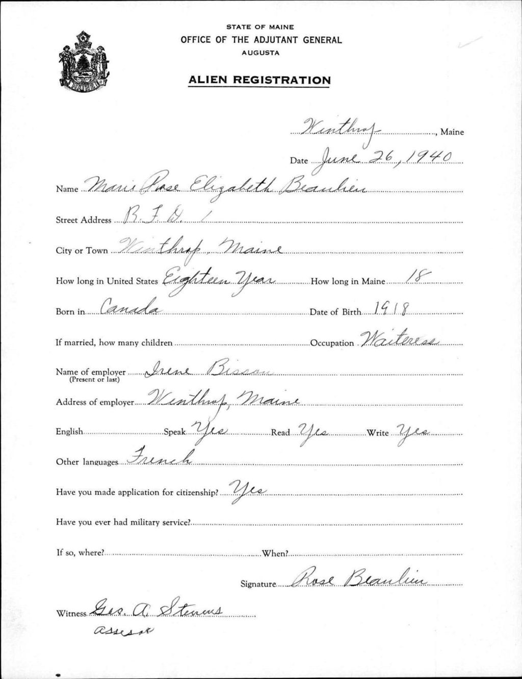 Miniature of Alien Registration- Beaulieu, Marie Rose E. (Winthrop, Kennebec County)
