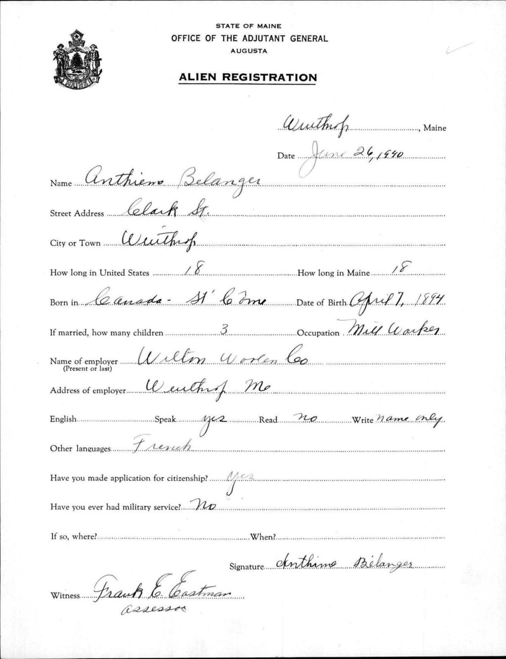 Miniature of Alien Registration- Belanger, Anthime (Winthrop, Kennebec County)