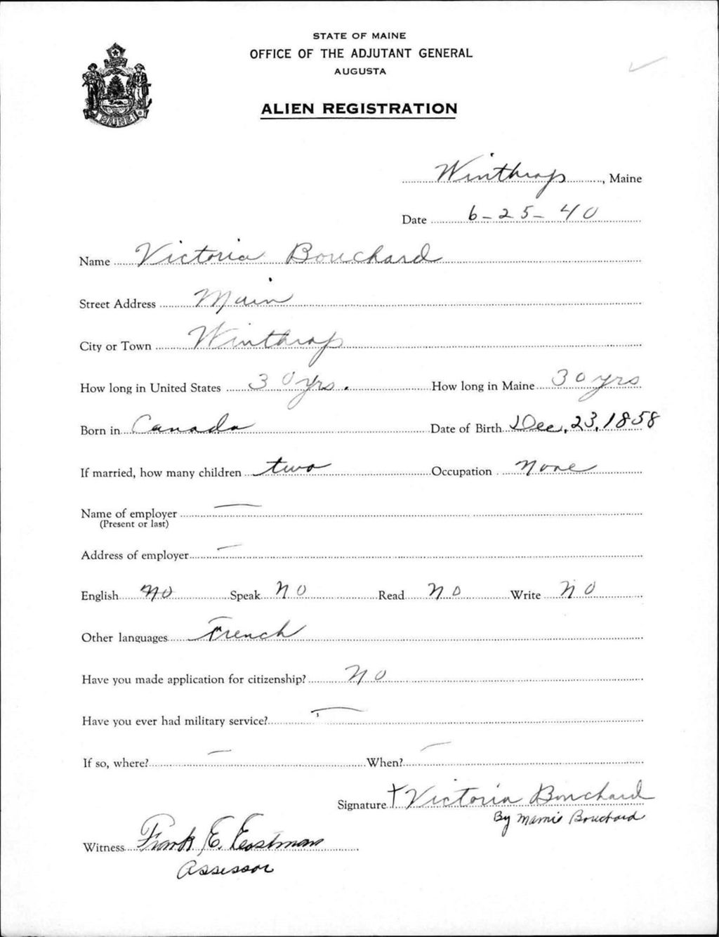 Miniature of Alien Registration- Bouchard, Victoria (Winthrop, Kennebec County)