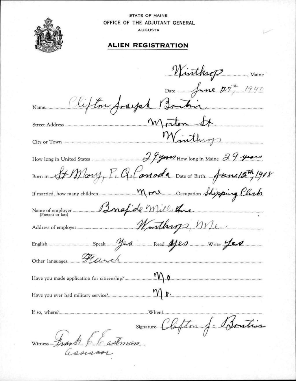 Miniature of Alien Registration- Boutin, Clifton J. (Winthrop, Kennebec County)
