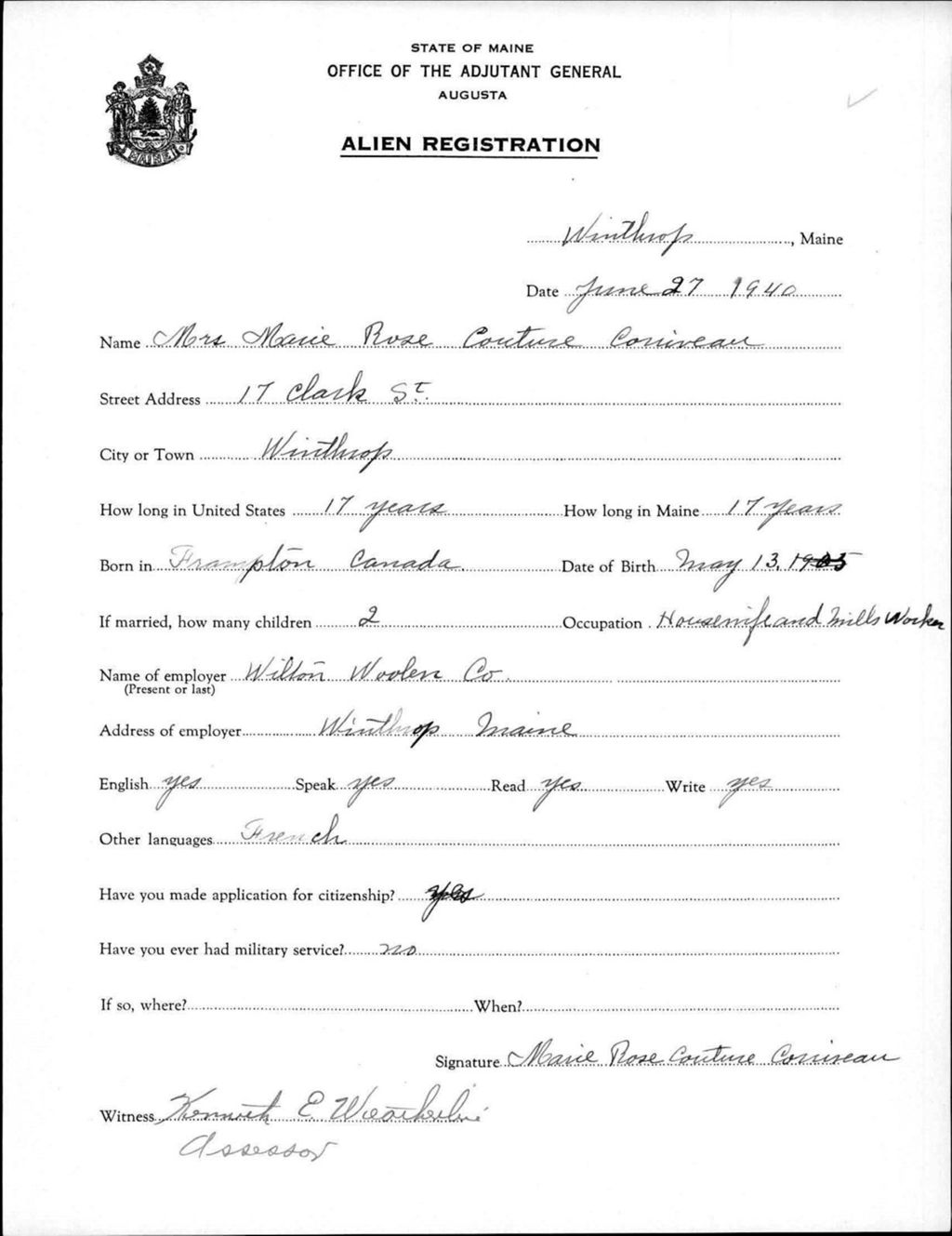 Miniature of Alien Registration- Couture, Marie Rose (Winthrop, Kennebec County)