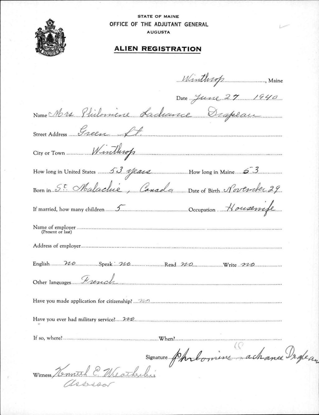 Miniature of Alien Registration- Lachance, Philomene (Winthrop, Kennebec County)