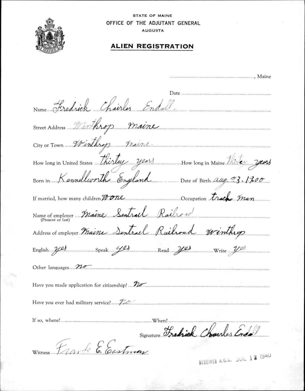 Miniature of Alien Registration- Endall, Frederick C. (Winthrop, Kennebec County)