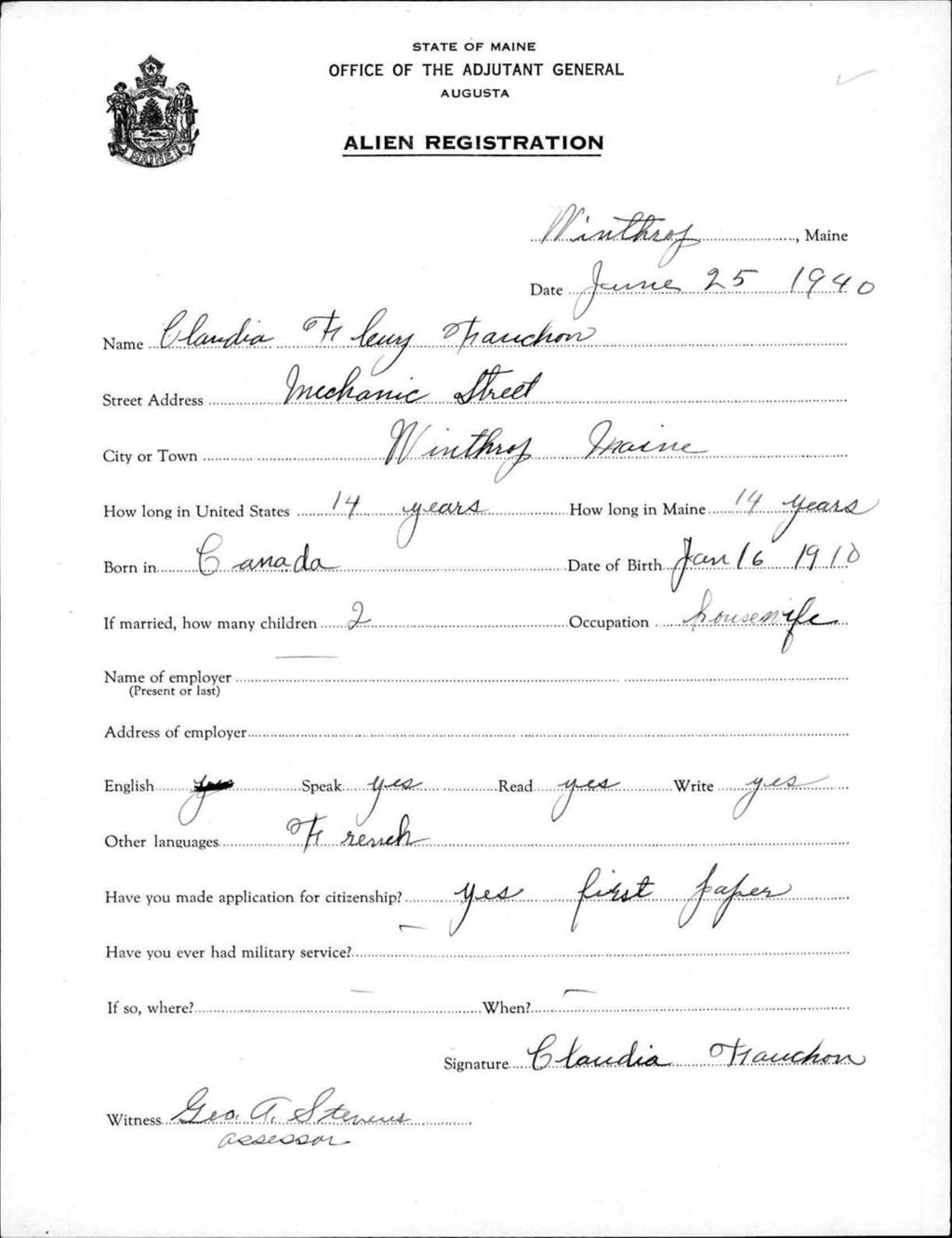 Miniature of Alien Registration- Fleury, Claudia (Winthrop, Kennebec County)