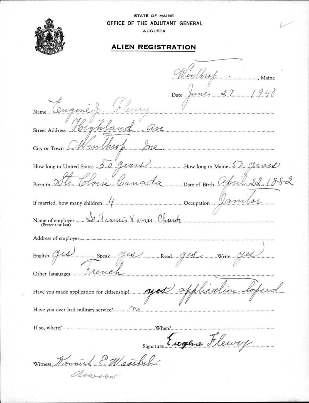 Miniature of Alien Registration- Fleury, Eugene J. (Winthrop, Kennebec County)