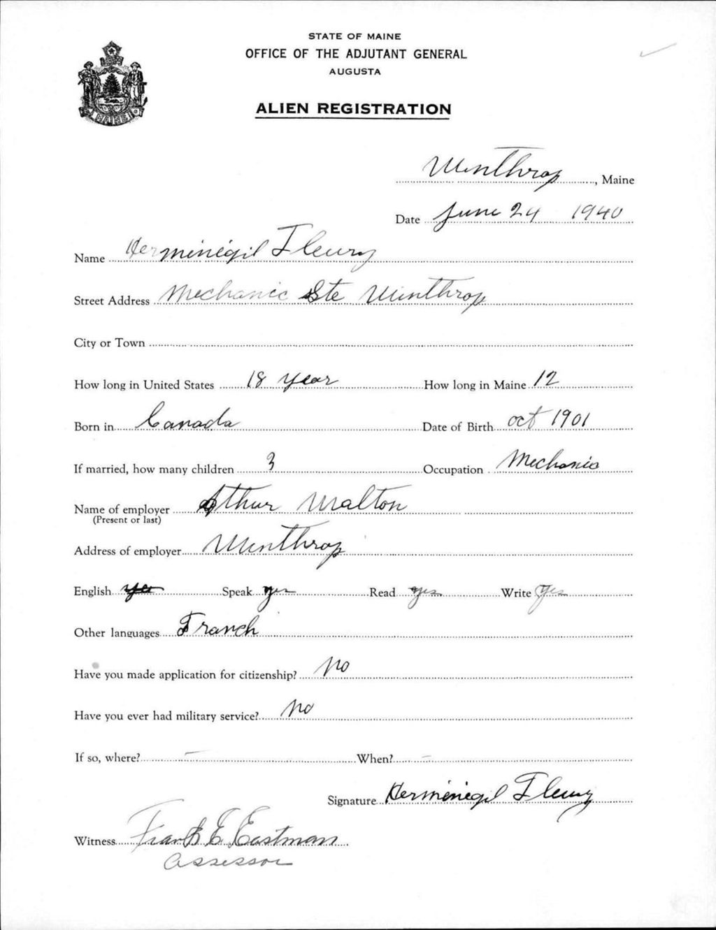 Miniature of Alien Registration- Fleury, Herminegil (Winthrop, Kennebec County)