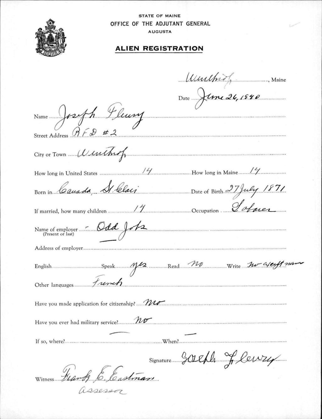 Miniature of Alien Registration- Fleury, Joseph (Winthrop, Kennebec County)
