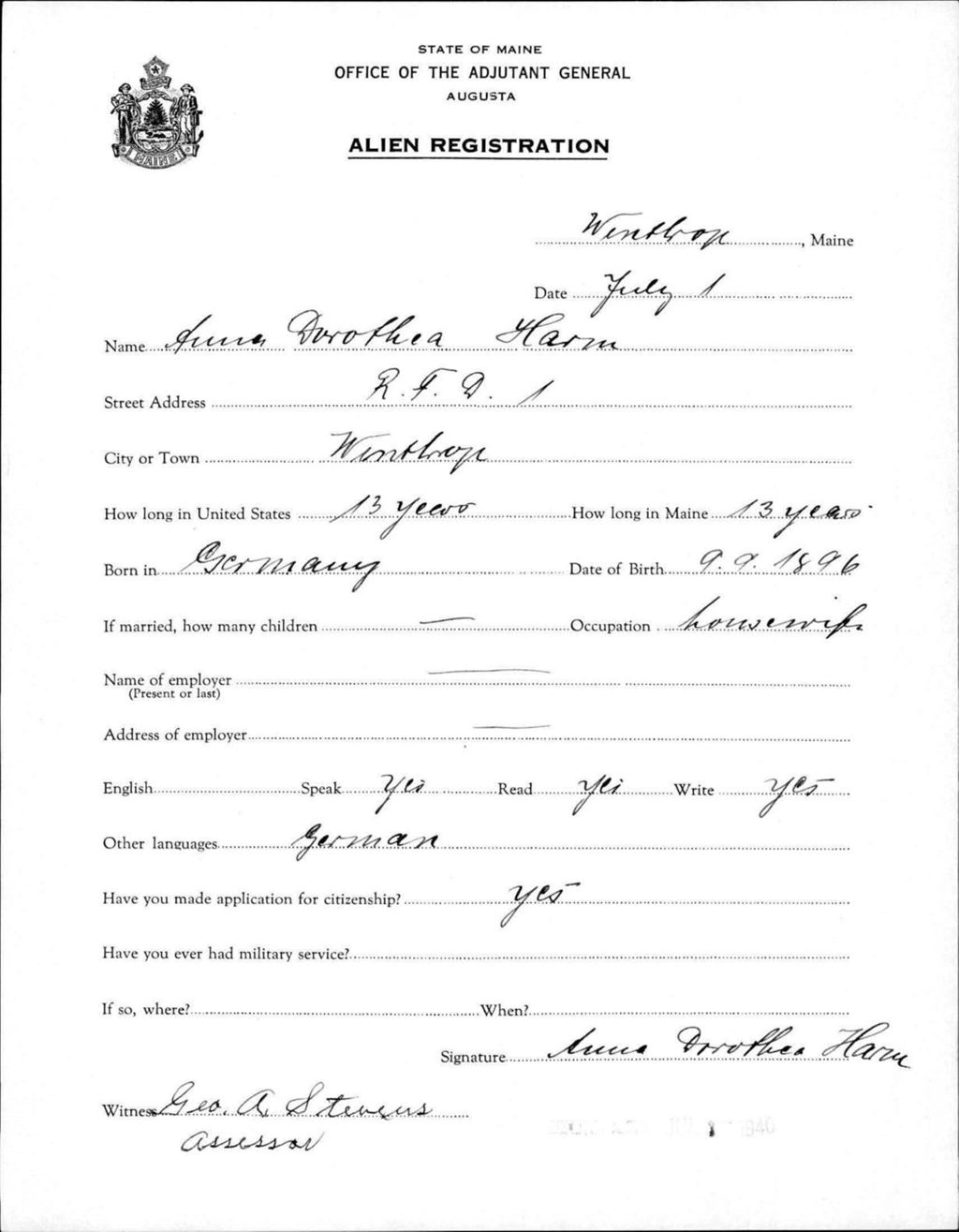 Miniature of Alien Registration- Harm, Arecca D. (Winthrop, Kennebec County)
