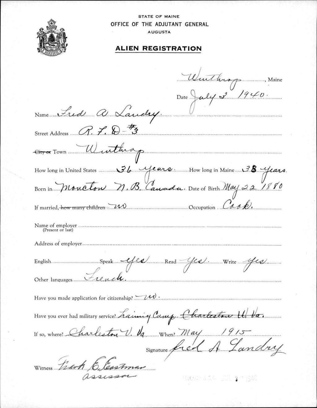 Miniature of Alien Registration- Landry, Fred A. (Winthrop, Kennebec County)