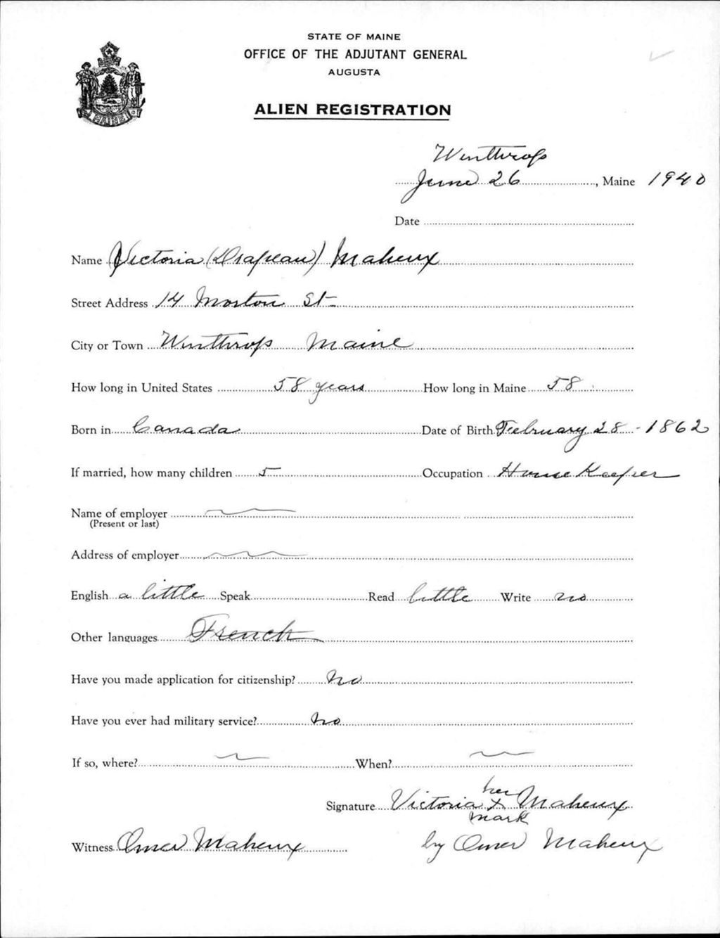Miniature of Alien Registration- Drapeau, Victoria (Winthrop, Kennebec County)