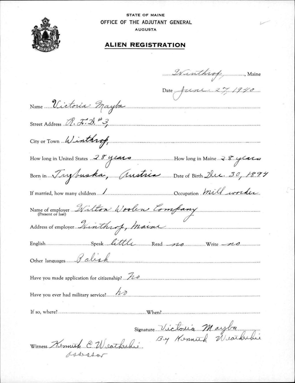 Miniature of Alien Registration- Mayba, Victoria (Winthrop, Kennebec County)