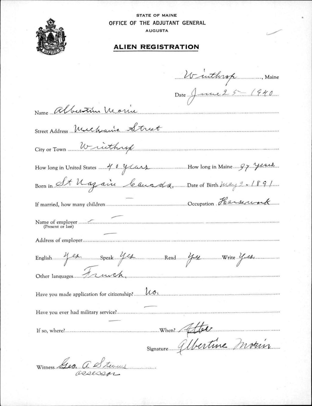 Miniature of Alien Registration- Morin, Albertine (Winthrop, Kennebec County)