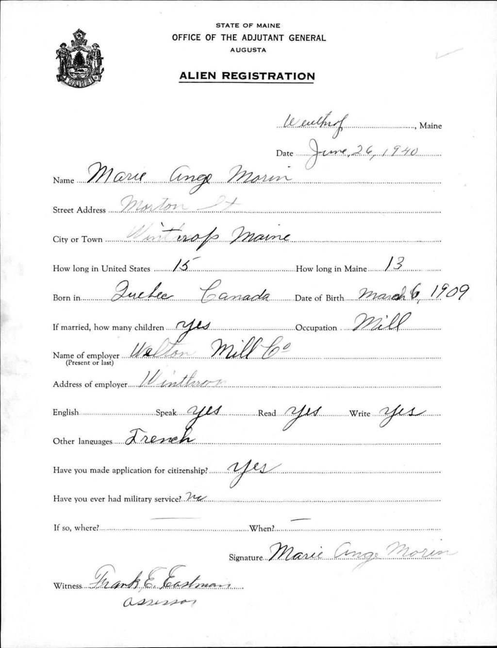 Miniature of Alien Registration- Morin, Marie Ange (Winthrop, Kennebec County)