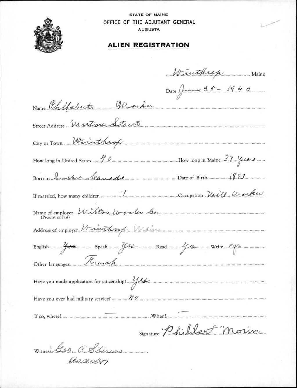Miniature of Alien Registration- Morin, Philaberte (Winthrop, Kennebec County)