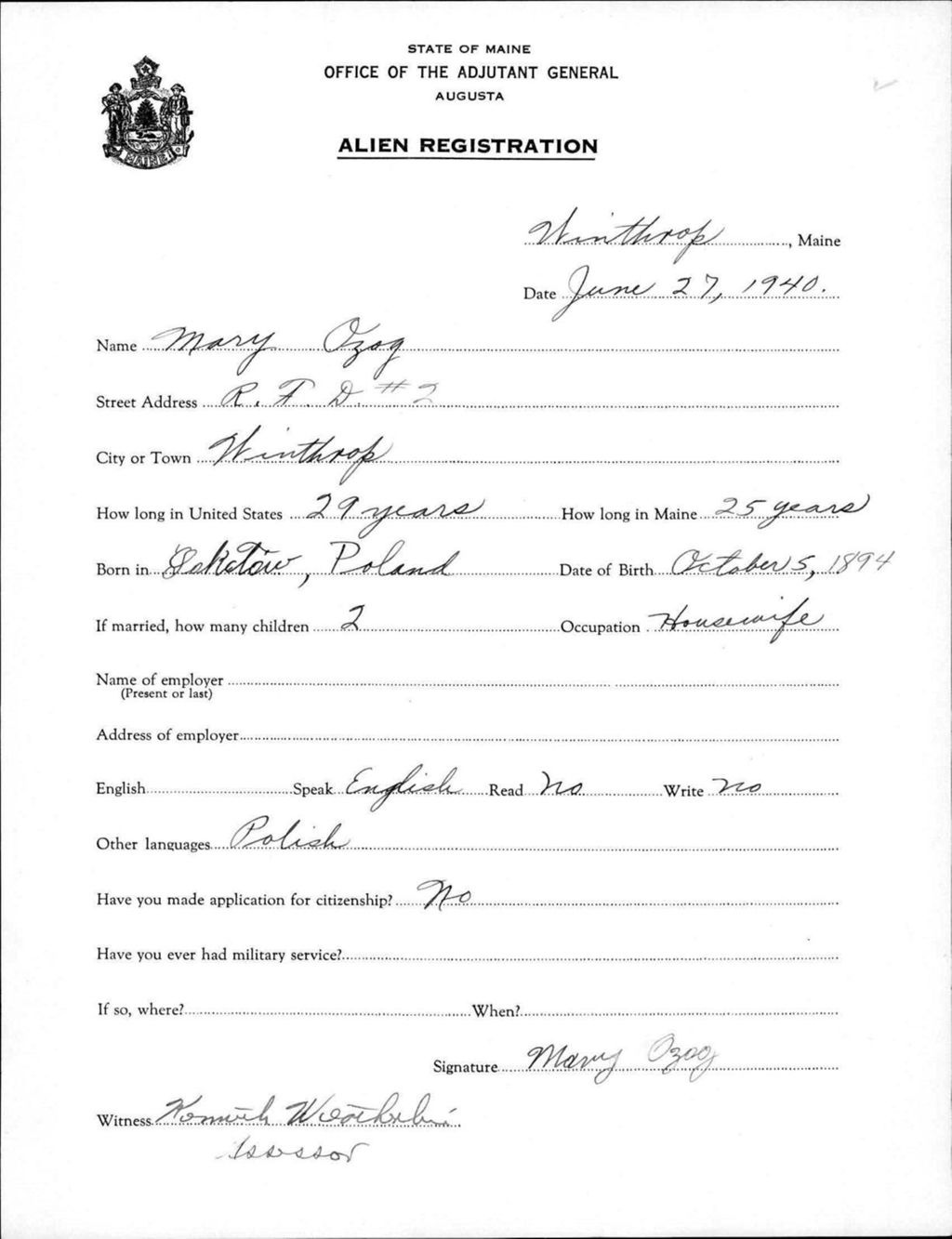 Miniature of Alien Registration- Ozog, Mary (Winthrop, Kennebec County)