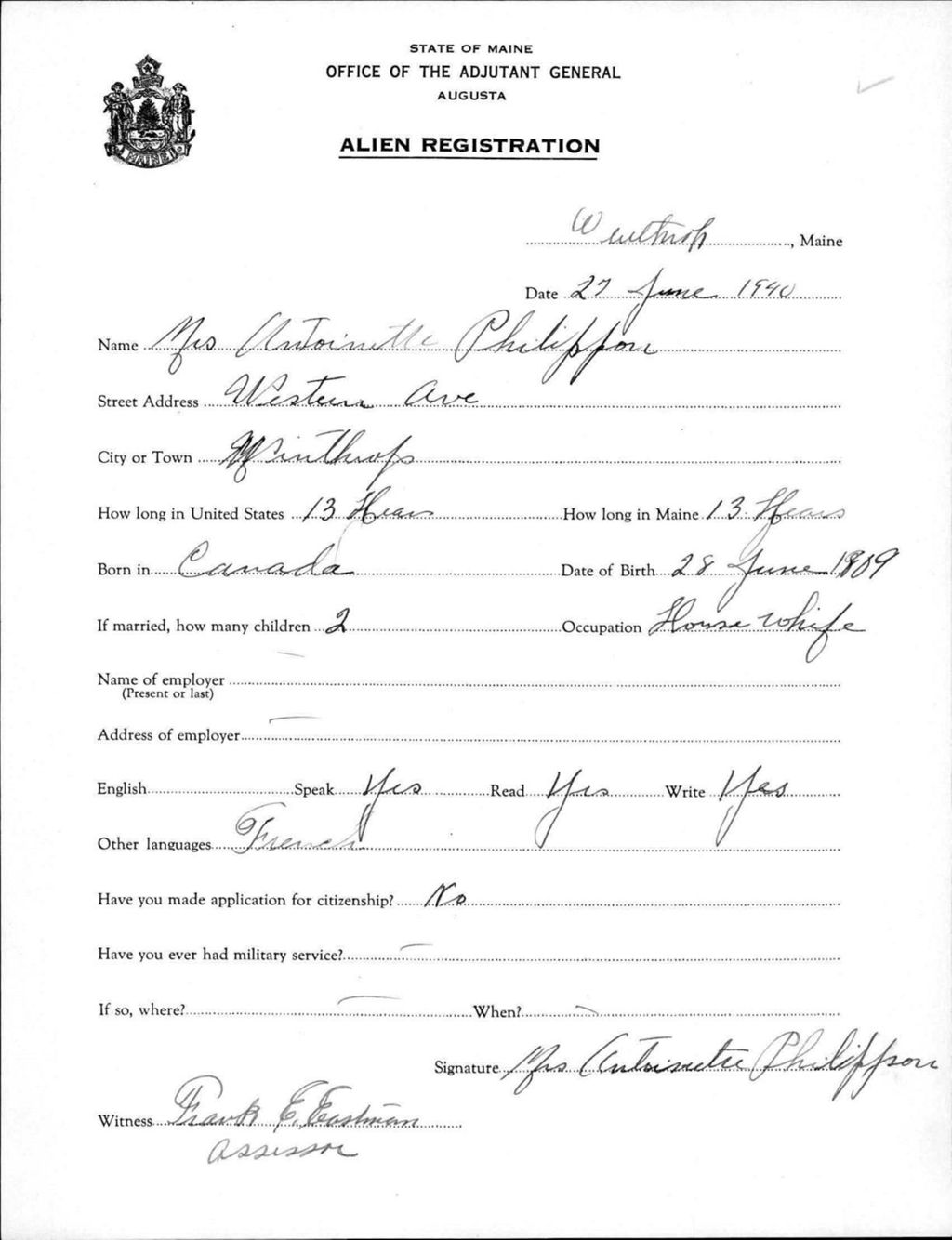 Miniature of Alien Registration- Philippon, Antoinette (Winthrop, Kennebec County)