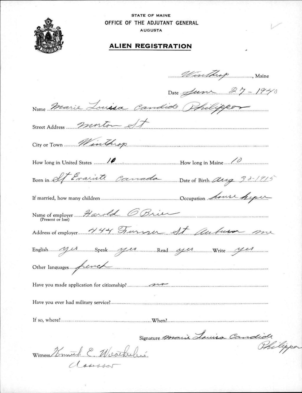 Miniature of Alien Registration- Philippon, Marie Louisa C. (Winthrop, Kennebec County)