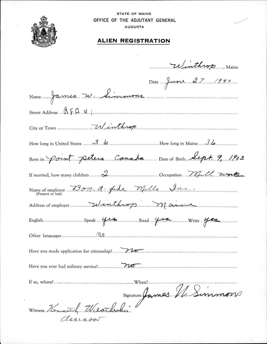 Miniature of Alien Registration- Simmons, James W. (Winthrop, Kennebec County)