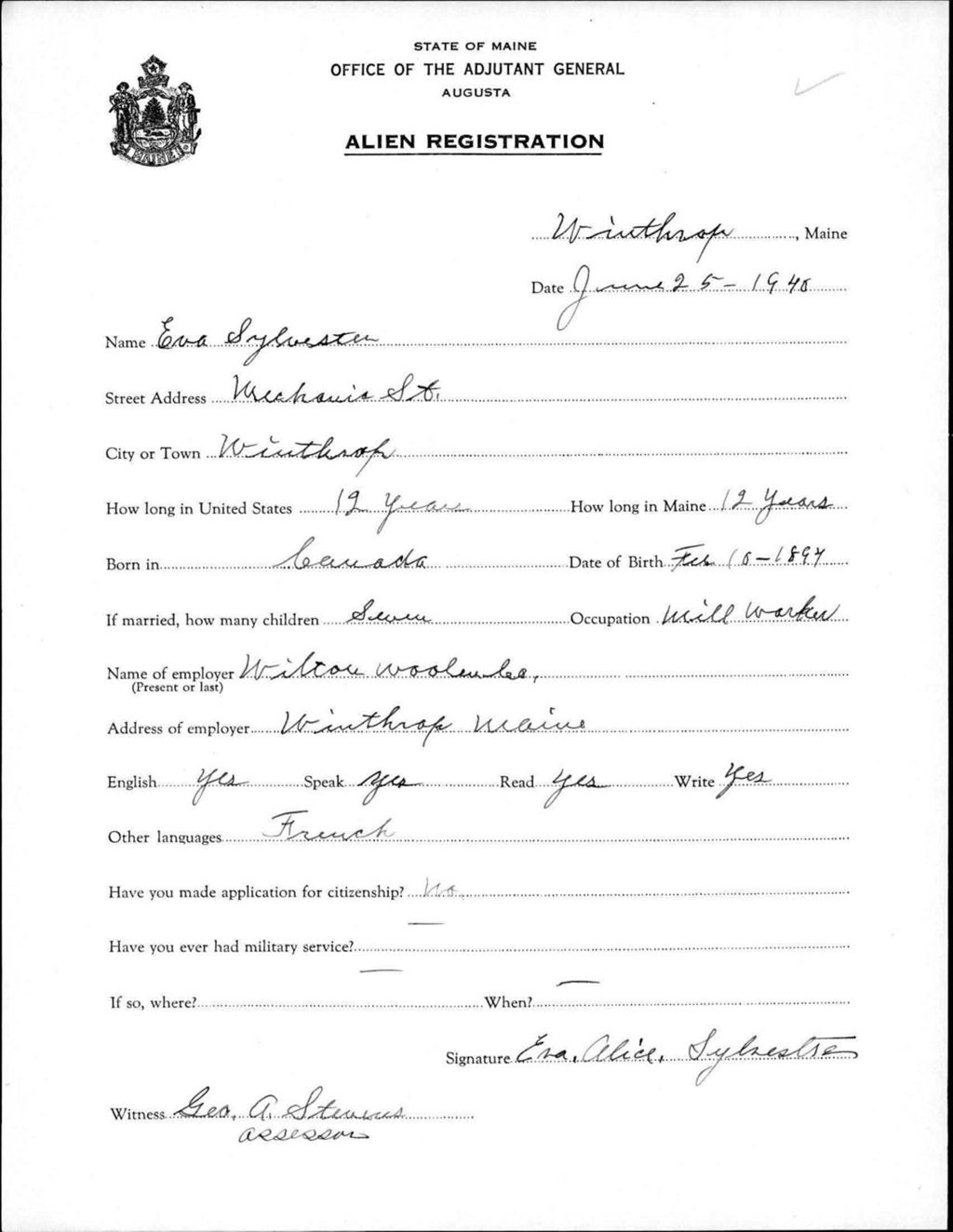 Miniature of Alien Registration- Sylvester, Eva (Winthrop, Kennebec County)