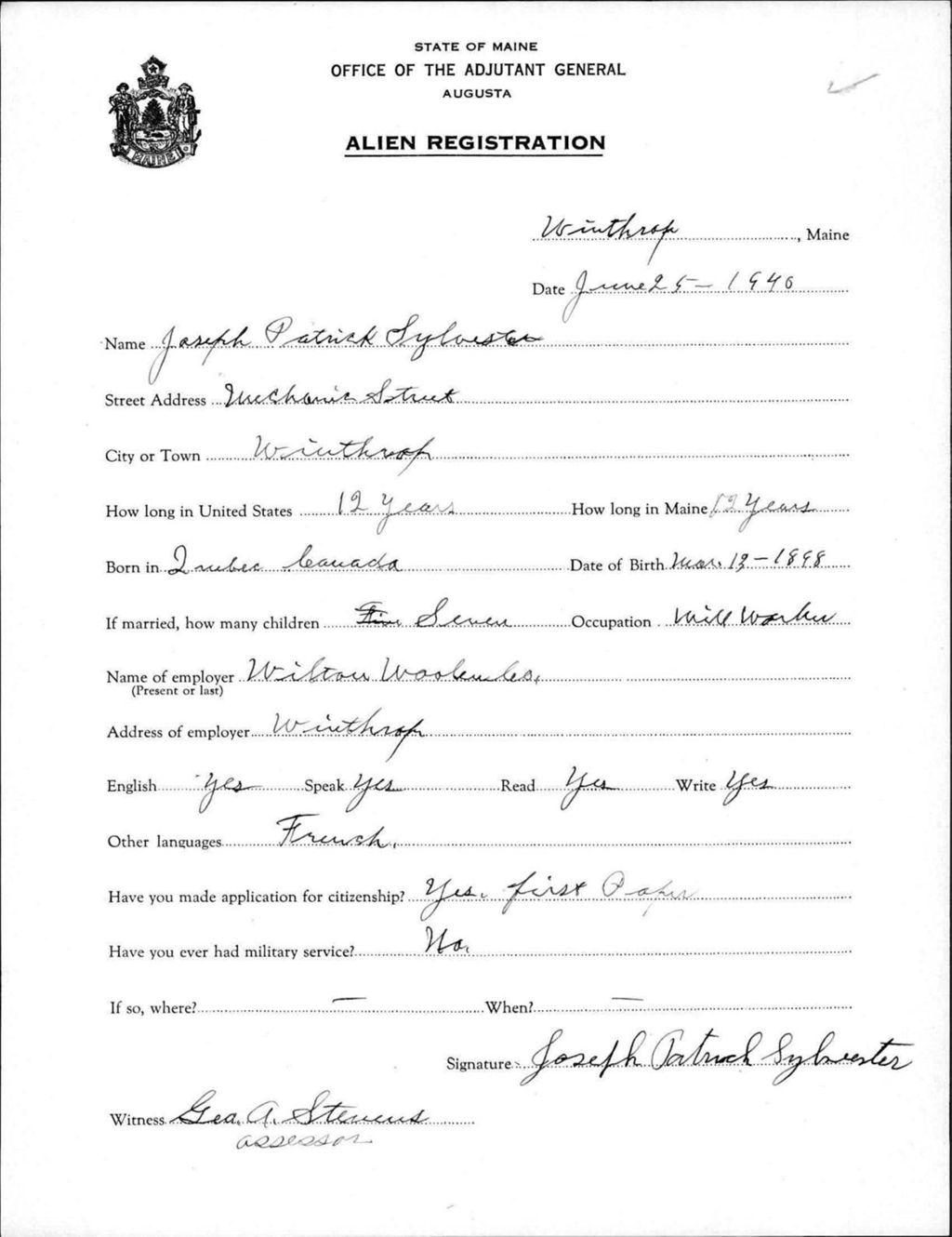 Miniature of Alien Registration- Sylvester, Joseph P. (Winthrop, Kennebec County)