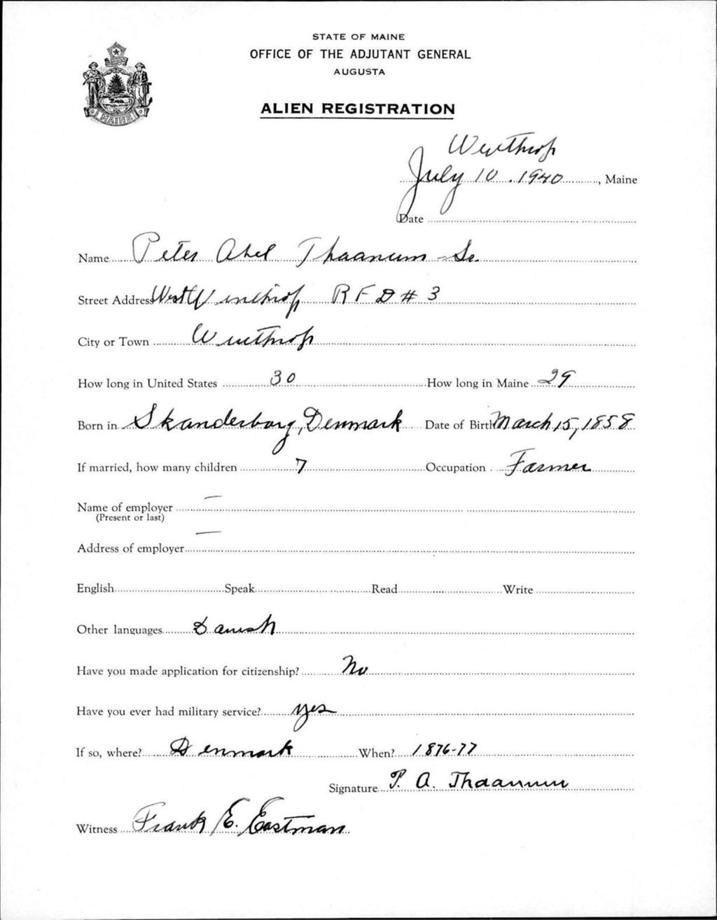 Miniature of Alien Registration- Thaanum, Peter A.,Sr. (Winthrop, Kennebec County)