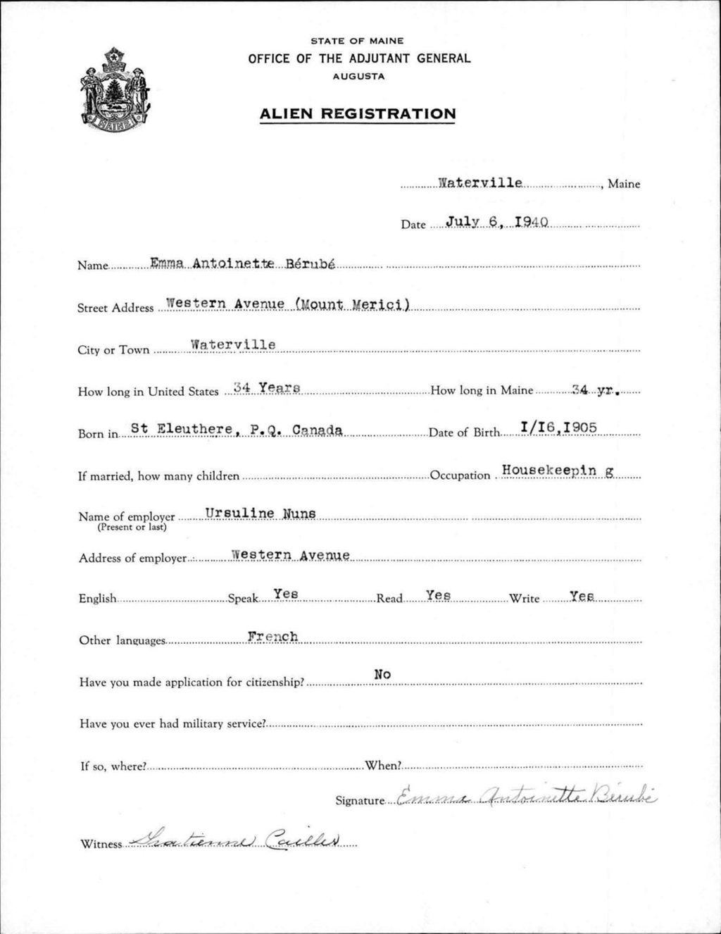 Miniature of Alien Registration- Berube, Emma A. (Waterville, Kennebec County)