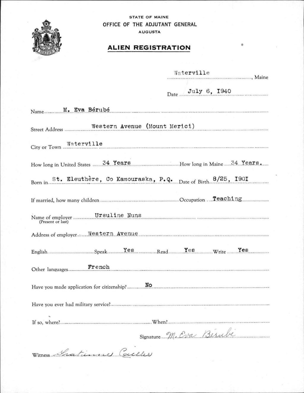 Miniature of Alien Registration- Berube, M Eva (Waterville, Kennebec County)