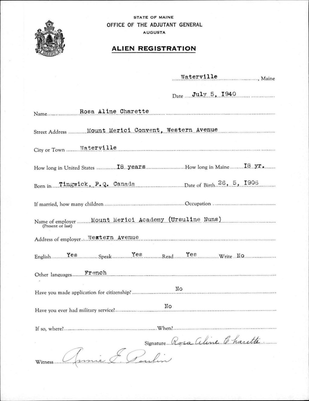 Miniature of Alien Registration- Charette, Rosa A. (Waterville, Kennebec County)