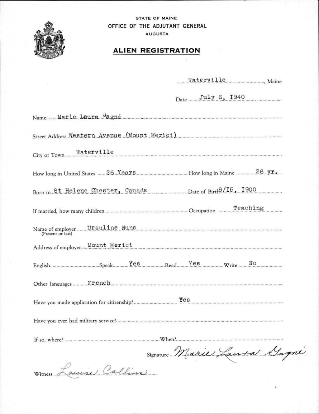 Miniature of Alien Registration- Gagne, Marie Laura (Waterville, Kennebec County)