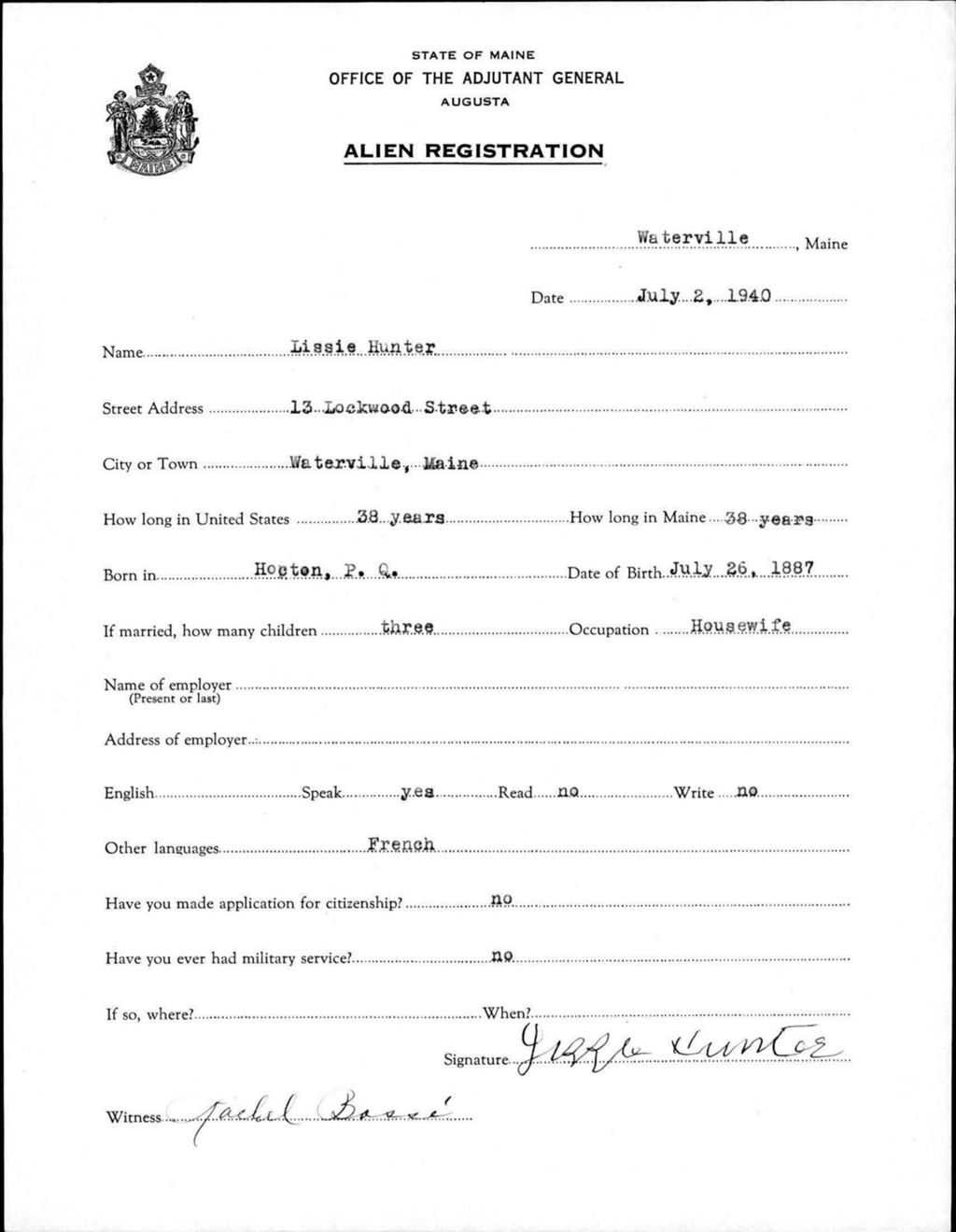Miniature of Alien Registration- Hunter, Lissie (Waterville, Kennebec County)