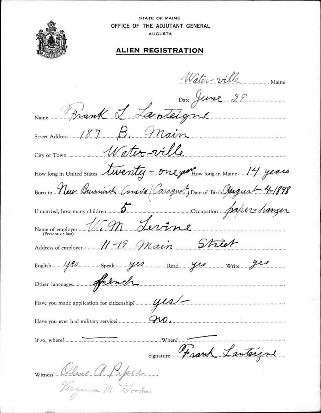 Miniature of Alien Registration- Lanteigne, Frank L. (Waterville, Kennebec County)