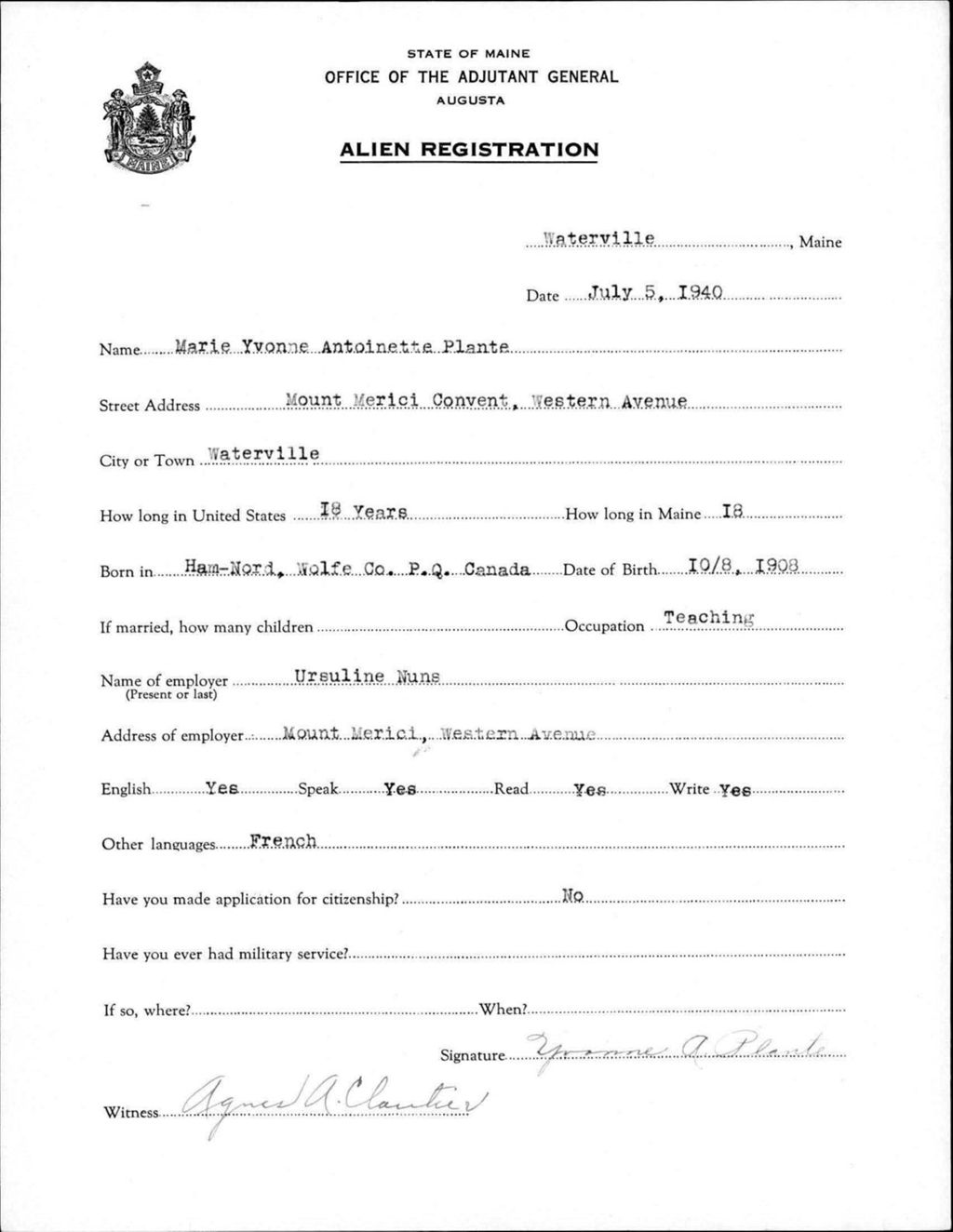 Miniature of Alien Registration- Plante, Marie Yvonne Antoinette (Waterville, Kennebec County)